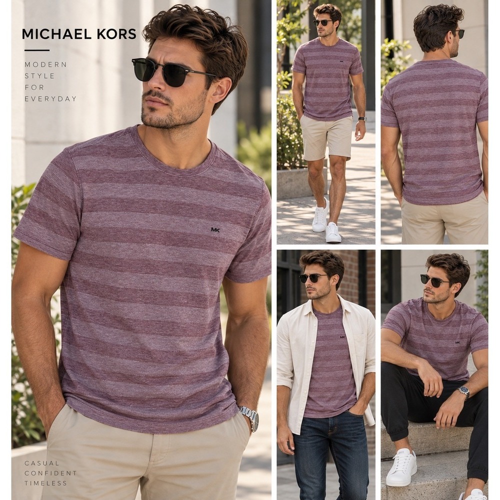 Michael Kors T-Shirt Mens M Burgundy Purple Stripe Embroidered MK Logo Crew Neck